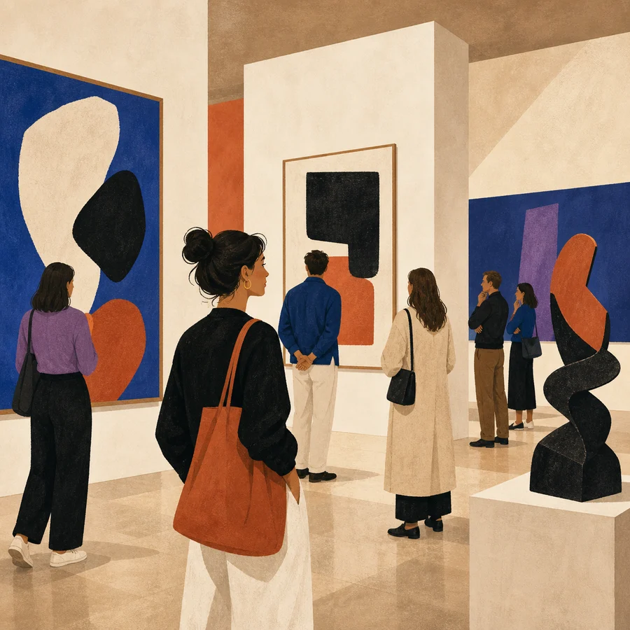 Visiteurs découvrant peintures et sculpture dans une galerie