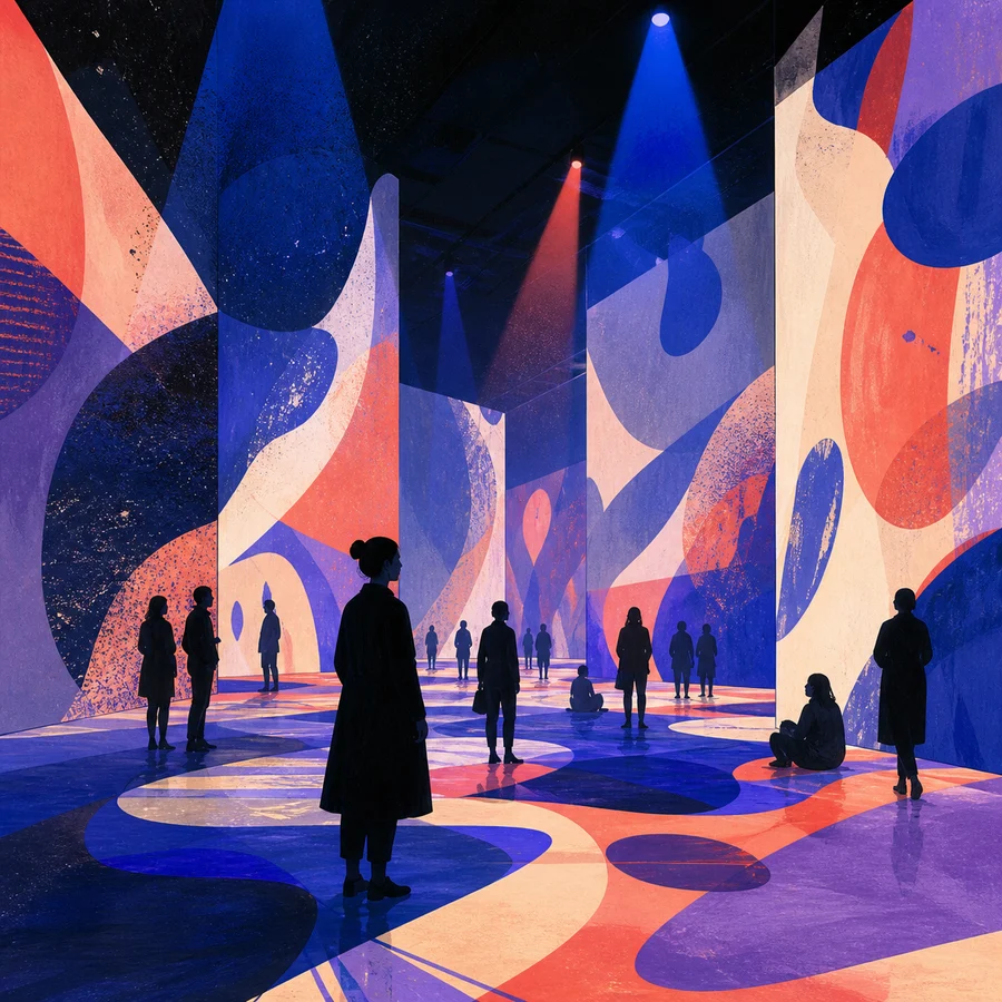 Visiteurs entourés de projections colorées dans un espace immersif