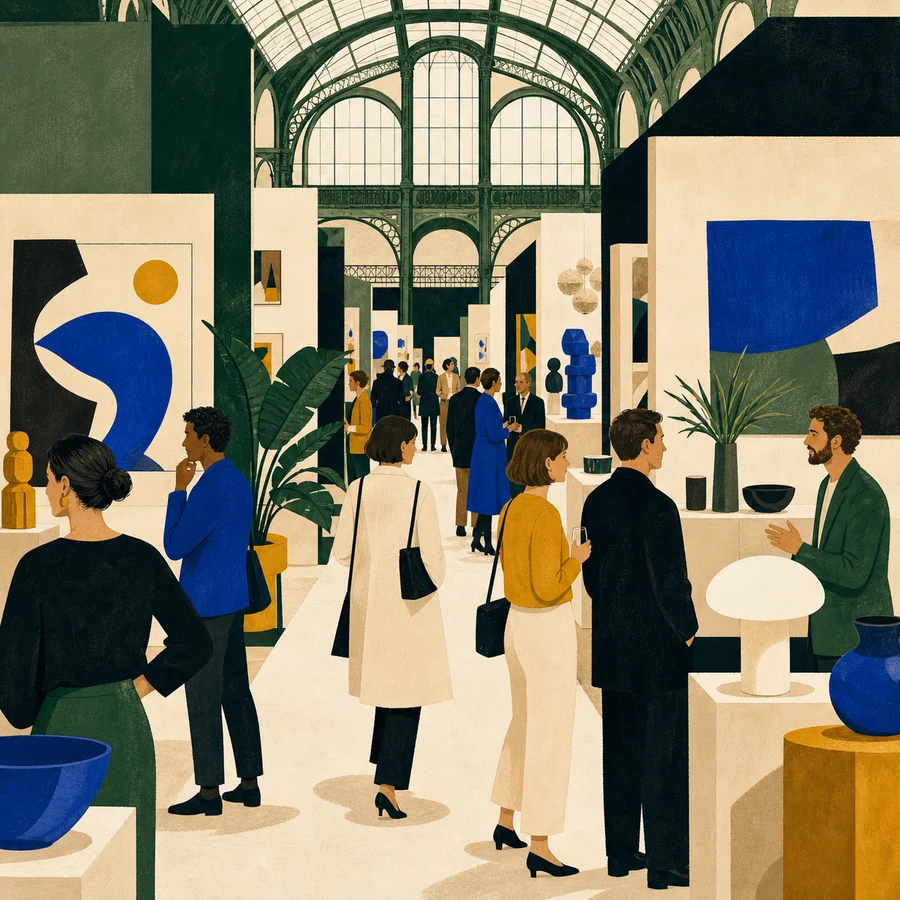 Visiteurs circulant entre les stands d’un salon et d’une foire