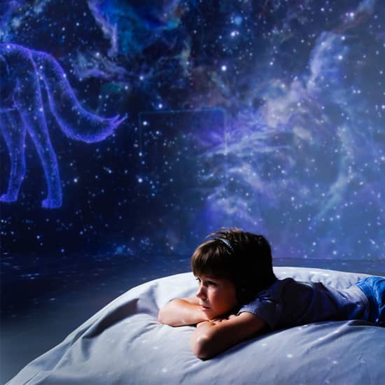 Vue promotionnelle du parcours de la Cité immersive des Fables : un enfant face à une projection lumineuse.