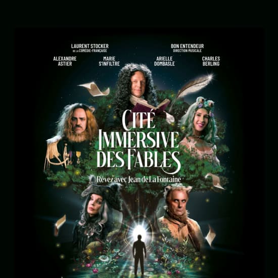 Visuel promotionnel de la Cité immersive des Fables, avec les personnages costumés autour du titre.