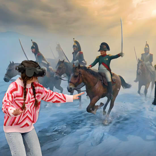 Visuel promotionnel de Napoléon montrant une personne équipée d’un casque VR devant une scène de cavaliers.