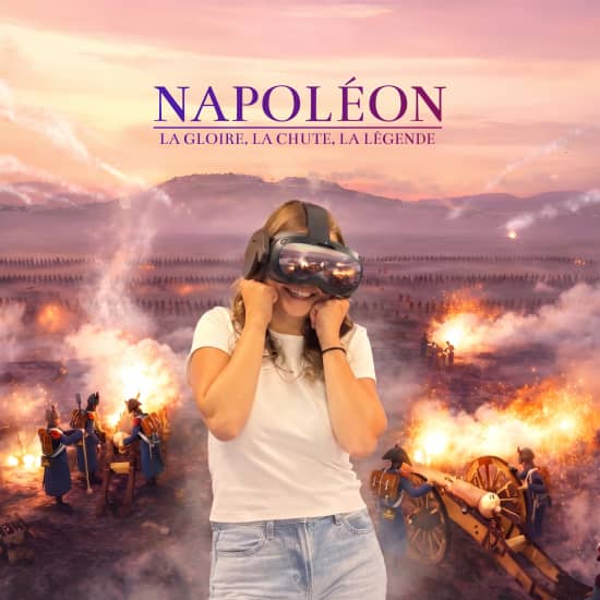 Visuel promotionnel de l’expérience Napoléon associant un casque de réalité virtuelle à une scène historique illustrée.