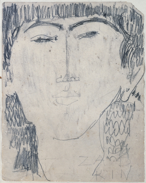 Dessin au crayon d'un visage masculin de face, traits allongés, hachures autour de la tête, avec la mention manuscrite « ZADKIN ».