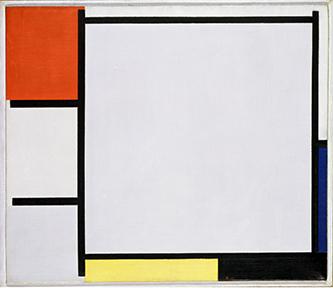 Piet Mondrian, grille rouge, bleue, jaune, noire et grise de 1922
