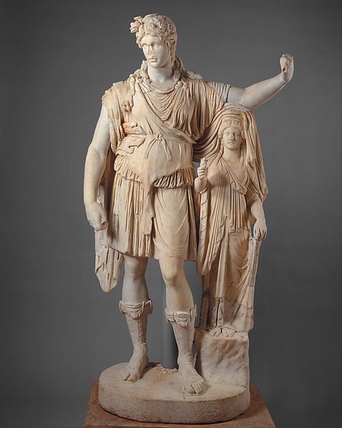 Statue antique de Dionysos appuyé sur une figure féminine